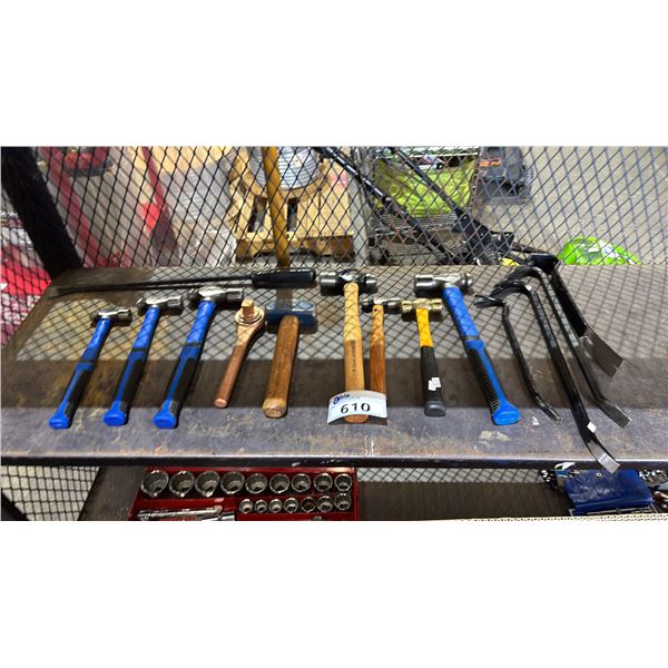 COLLECTION OF ASSORTED CROW BARS, BALL-PEIN HAMMERS, MALLET, COPPER ALLOY RATCHET WRENCH & MORE