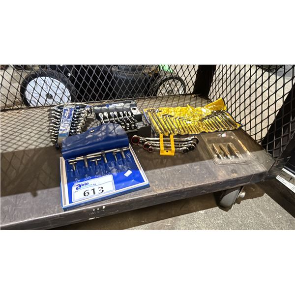 ASSORTED WRENCHES, ALLEN KEYS, TELESCOPE GAUGES AND A SET OF 3 STEP DRILL BITS