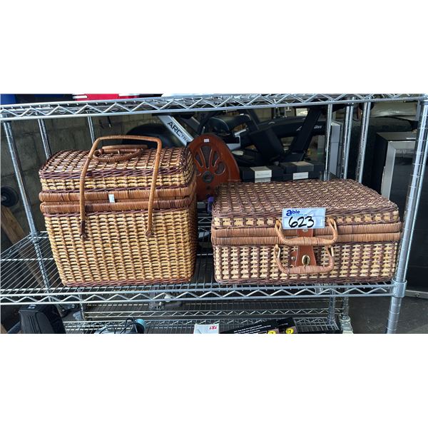 (2) WICKER PICNIC BASKET: 1 IS EMPTY, 1 HAS NAPKINS, WICKER PLATES, CUPS & CUTLERY