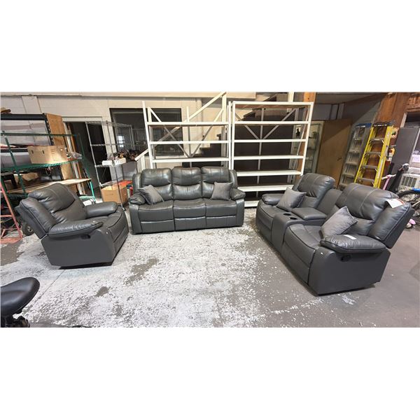 3-PIECE GREY LEATHER RECLINING SOFA SET WITH VELVET THROW CUSHIONS
