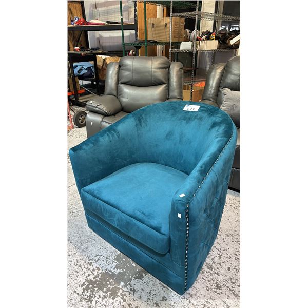 TEAL BLUE VELVET BUTTON TUFTED SWIVEL BARREL CHAIR WITH NAILHEAD TRIM