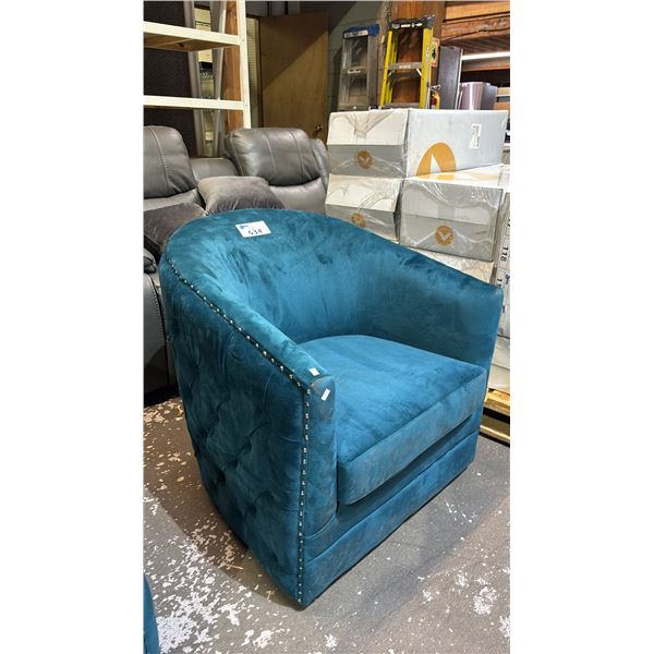 TEAL BLUE VELVET BUTTON TUFTED SWIVEL BARREL CHAIR WITH NAILHEAD TRIM