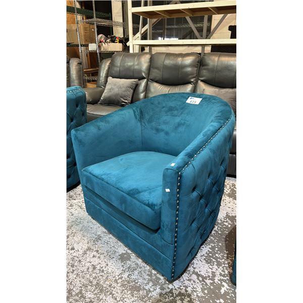 TEAL BLUE VELVET BUTTON TUFTED SWIVEL BARREL CHAIR WITH NAILHEAD TRIM