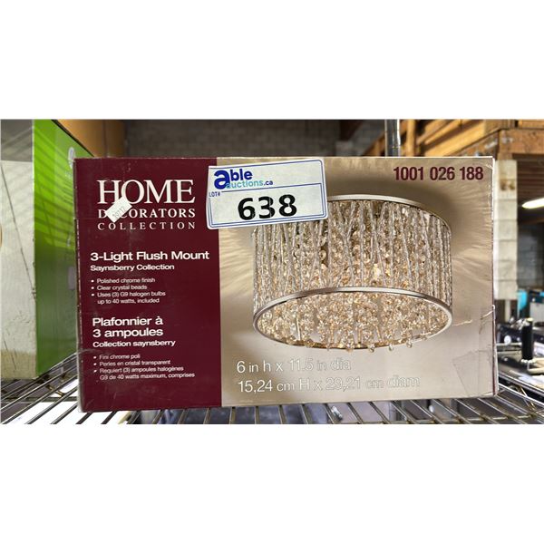 HOME DECORATORS 3-LIGHT FLUSH MOUNT SAYNSBERRY COLLECTION CEILING LIGHT FIXTURE W/CRYSTAL SHADE