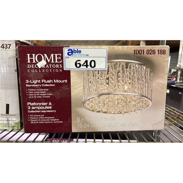 HOME DECORATORS 3-LIGHT FLUSH MOUNT SAYNSBERRY COLLECTION CEILING LIGHT FIXTURE W/CRYSTAL SHADE