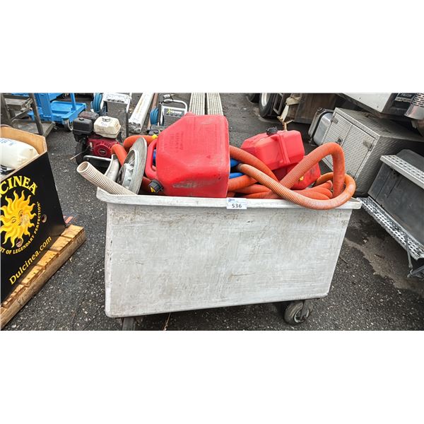 ROLLING BIN WITH ASSORTED CONTENTS INCLUDING; FUEL CANS VACUUM HOSES, FLOOR BURNISHER PAD & MORE