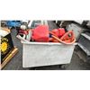 Image 1 : ROLLING BIN WITH ASSORTED CONTENTS INCLUDING; FUEL CANS VACUUM HOSES, FLOOR BURNISHER PAD & MORE