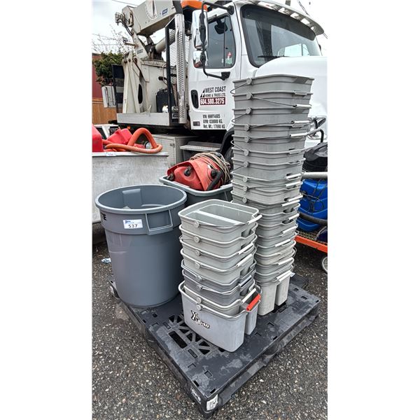 PALLET OF ASSORTED ITEMS INCLUDING; VACUUM, WASTE BIN WITH PORTABLE WHEEL ATTACHMENT, WASH BUCKETS