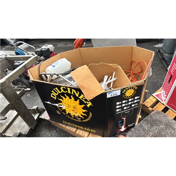 PALLET OF ASSORTED ITEMS INCLUDING; EXTENSION CORDS, BATHROOM CLEANING BRUSHES, COMPRESSED AIR