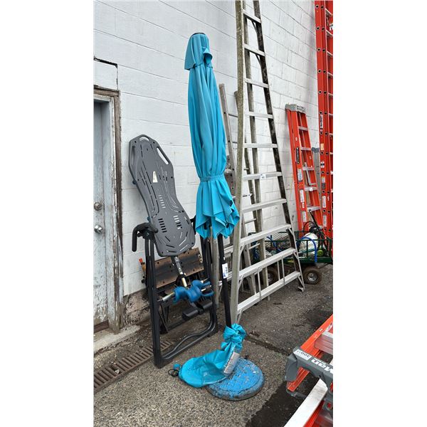 BLUE PATIO UMBRELLA WITH STAND
