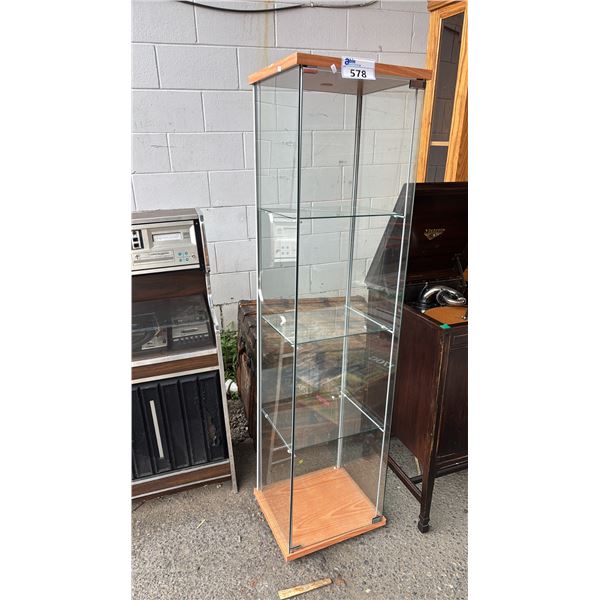 UPRIGHT GLASS 4-TIER STORAGE CABINET: APPROX. 64"T X 16"W X 14"D