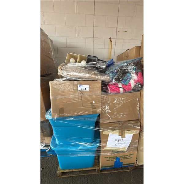 PALLET OF ASSTD. HOME ITEMS: BLACKOUT CURTAIN RODS, BEDDING, LAMPS & MORE *MUST TAKE ALL*