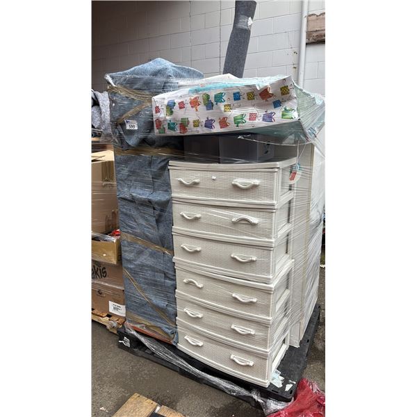 PALLET OF FURNITURE, WRAPPING PAPER, CHRISTMAS DECORATIONS & MORE *MUST TAKE ALL*