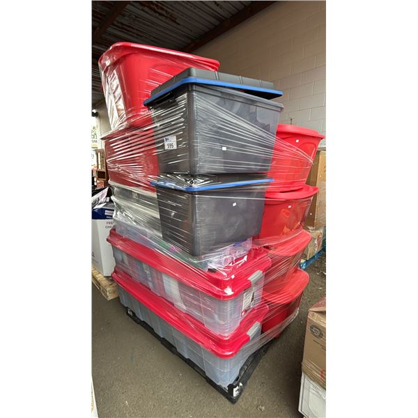 PALLET OF ASSTD. PLASTIC TOTES OF CHRISTMAS DECORATIONS, WRAPPING PAPER & MORE *MUST TAKE ALL*