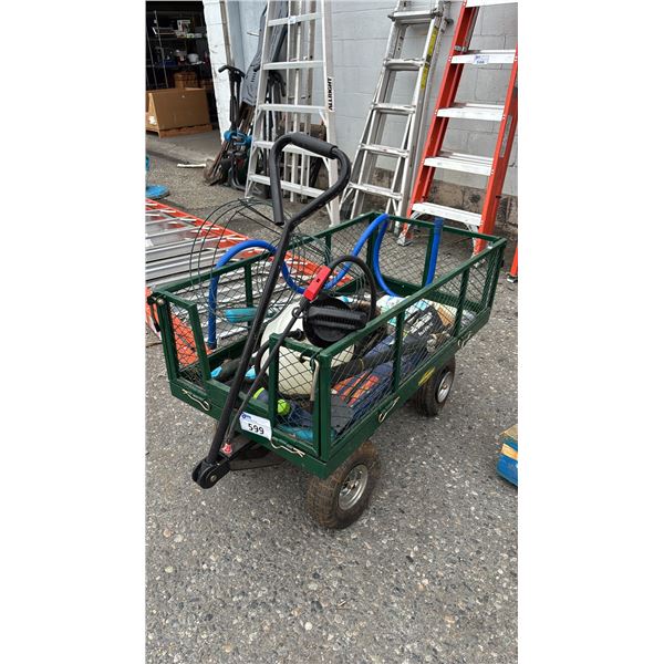 YARDOWORKS METAL WAGON & CONTENTS: TOMATO TREE, GARDEN SPRAY, LIME SULPHUR & MORE