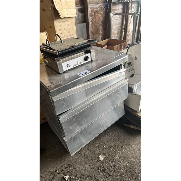 EURODIB COMMERCIAL ELECTRIC PANINI GRILL & STAINLESS STEEL COMMERICAL 3-DRAWER KITCHEN CABINET