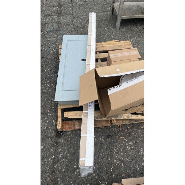 PALLET OF BUCKET LIDS, ELECTRICAL BOX, (2) BOXES OF PRE-STRUNG MANILLA SHIPPING TAGS & MORE *MUST