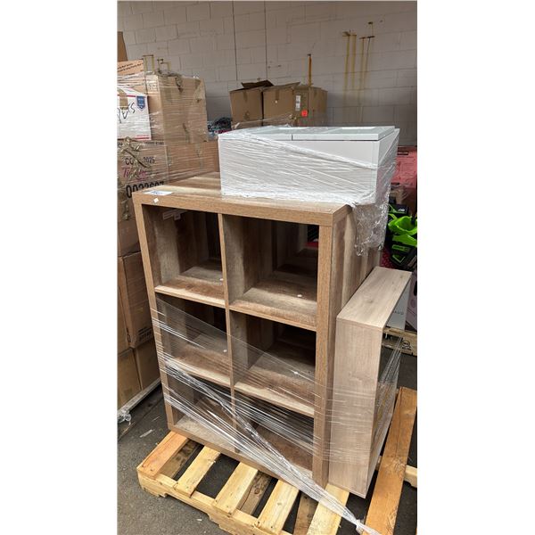 PALLET OF ASSTD FURNITURE: 8-CUBBY BOOKSHELVS, WOOD 2-DOOR WALL CABINET & MIRROR DOOR CABINET *MUST