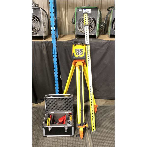 SELF LEVELING INDUSTRIAL ROTARY LASER SET IN HARD TRANSPORT CASE WITH TRIPOD & SURVEYORS RULER