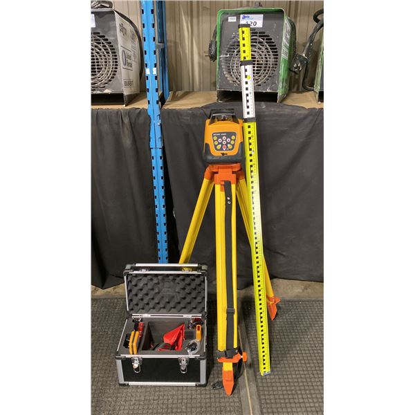 SELF LEVELING INDUSTRIAL ROTARY LASER SET IN HARD TRANSPORT CASE WITH TRIPOD & SURVEYORS RULER