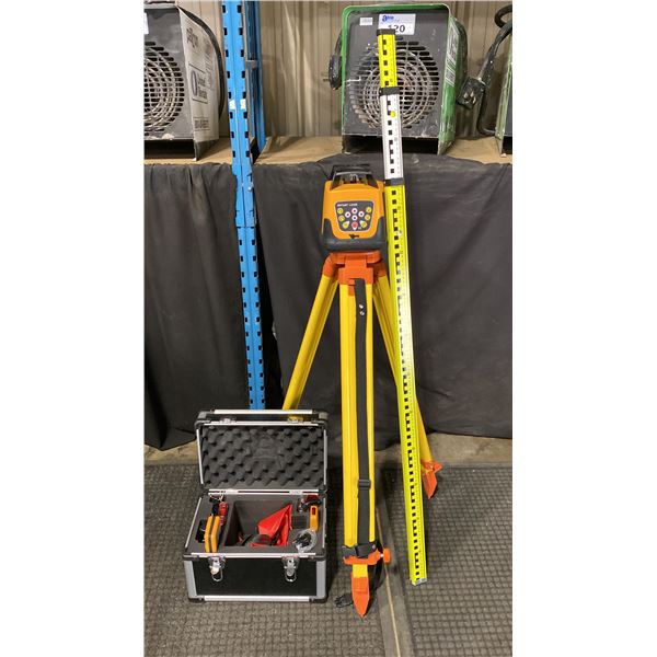 SELF LEVELING INDUSTRIAL ROTARY LASER SET IN HARD TRANSPORT CASE WITH TRIPOD & SURVEYORS RULER