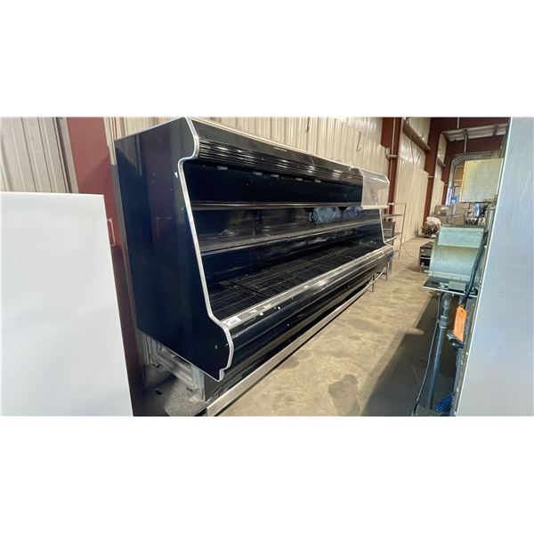 HUSSMANN 12' BLACK 2-TIER ILLUMINATED COMMERCIAL PRODUCE DISPLAY COOLER WITH PLASTIC ROLL NIGHT