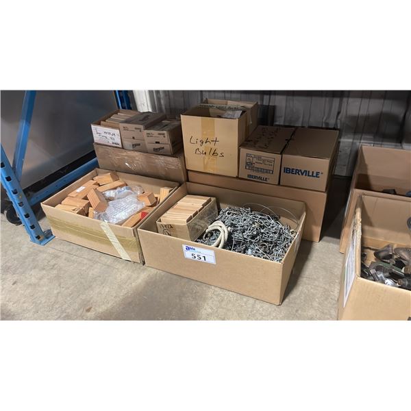 4 BOXES OF ASSORTED PROFESSIONAL STAGE LIGHTING SAFETY CHAIN, WOOD BLOCKS, & BULBS *MUST TAKE ALL*