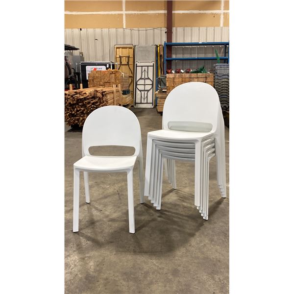 STACK OF 6 WHITE PLASTIC COMMERCIAL CURVED BACK OUTDOOR PATIO CAFE CHAIRS