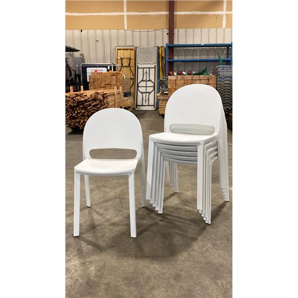 STACK OF 6 WHITE PLASTIC COMMERCIAL CURVED BACK OUTDOOR PATIO CAFE CHAIRS