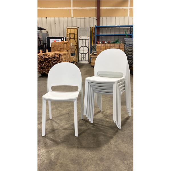 STACK OF 6 WHITE PLASTIC COMMERCIAL CURVED BACK OUTDOOR PATIO CAFE CHAIRS