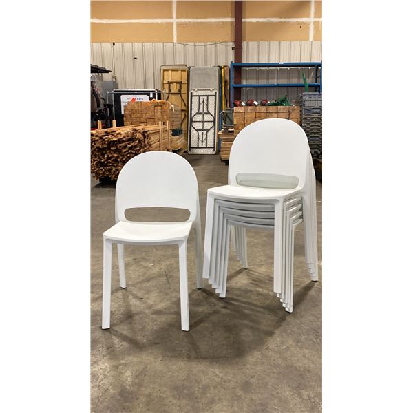 STACK OF 6 WHITE PLASTIC COMMERCIAL CURVED BACK OUTDOOR PATIO CAFE CHAIRS
