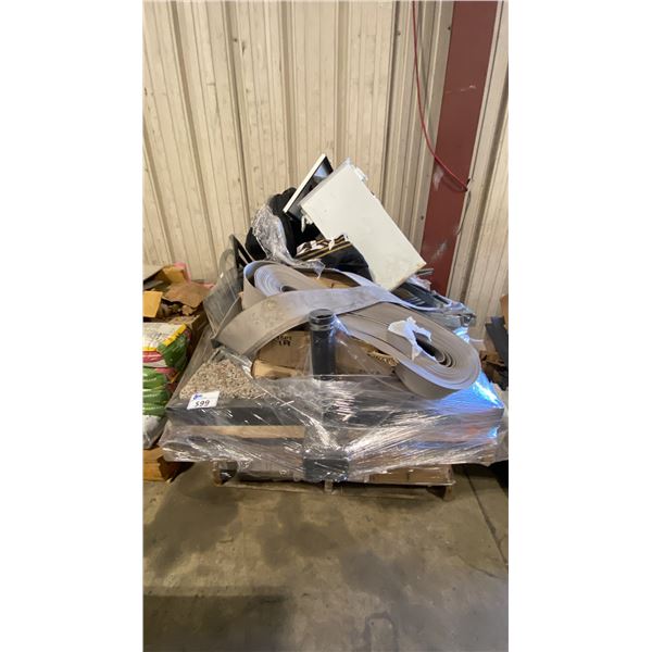 PALLET OF PATIO UMBRELLA STANDS, TRADESHOW BAGS, ASSORTED TILE, RUBBER COMMERCIAL BASEBOARD & MORE