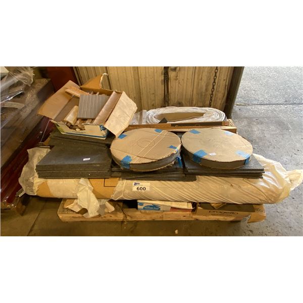 PALLET OF ASSORTED TILES, DROP CEILING BRACKETS, RUBBER COMMERCIAL BASEBOARD & SOUND PROOF UNDERLAY