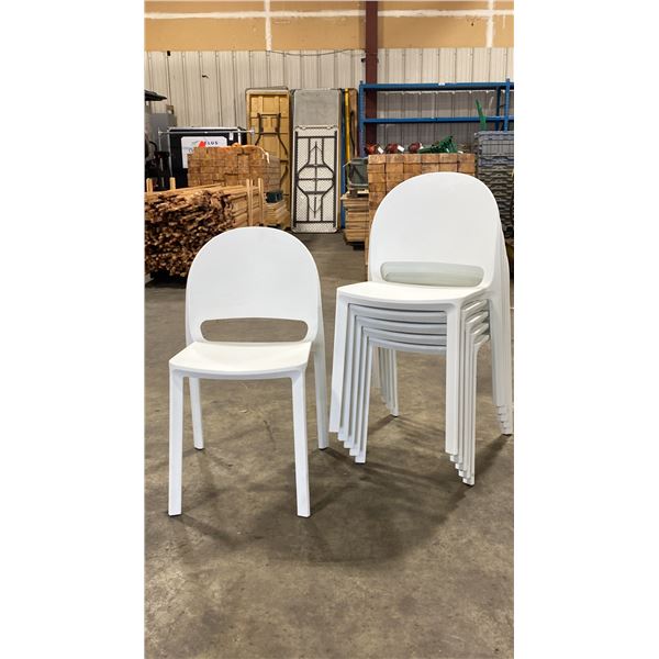 STACK OF 6 WHITE PLASTIC COMMERCIAL CURVED BACK OUTDOOR PATIO CAFE CHAIRS
