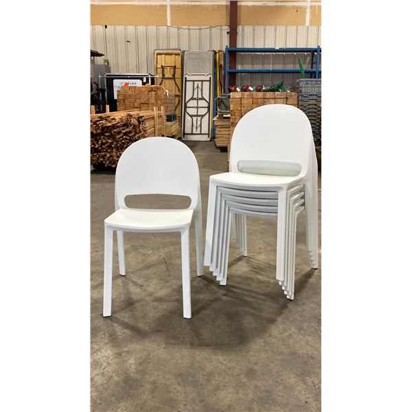 STACK OF 6 WHITE PLASTIC COMMERCIAL CURVED BACK OUTDOOR PATIO CAFE CHAIRS