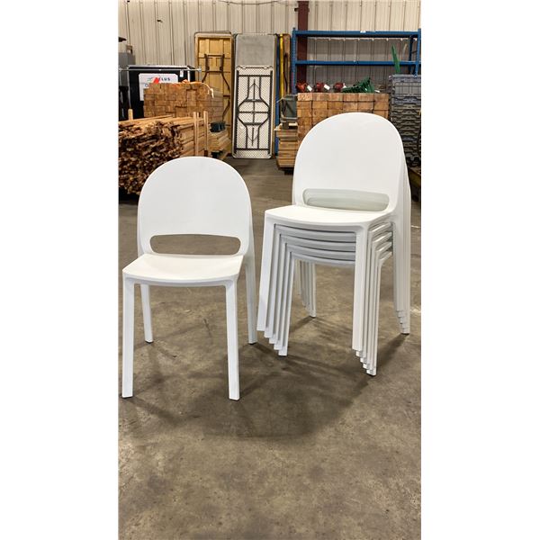 STACK OF 6 WHITE PLASTIC COMMERCIAL CURVED BACK OUTDOOR PATIO CAFE CHAIRS