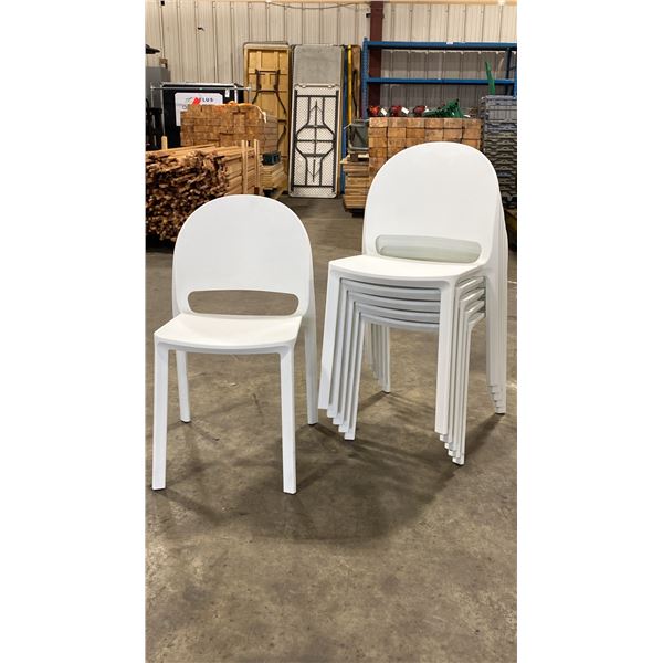 STACK OF 6 WHITE PLASTIC COMMERCIAL CURVED BACK OUTDOOR PATIO CAFE CHAIRS