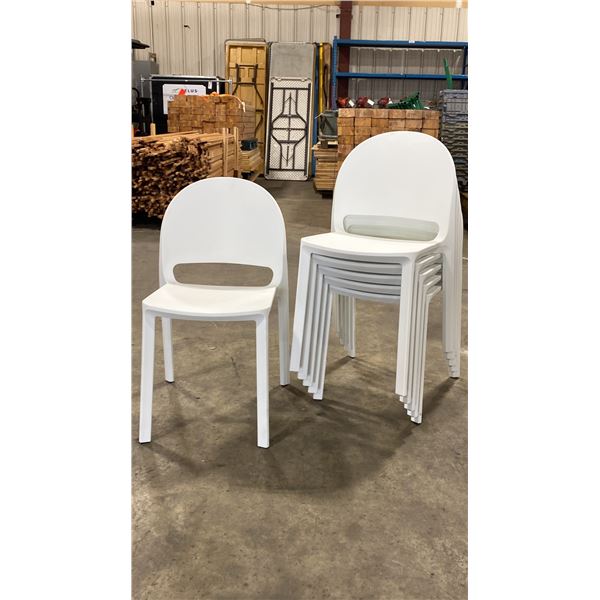 STACK OF 6 WHITE PLASTIC COMMERCIAL CURVED BACK OUTDOOR PATIO CAFE CHAIRS