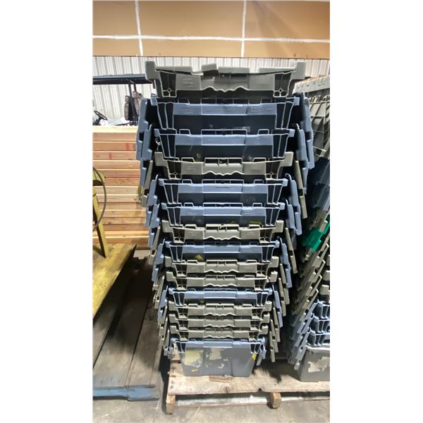 STACK OF 15 GREY PLASTIC COMMERCIAL FOLD TOP STACKING STORAGE BINS