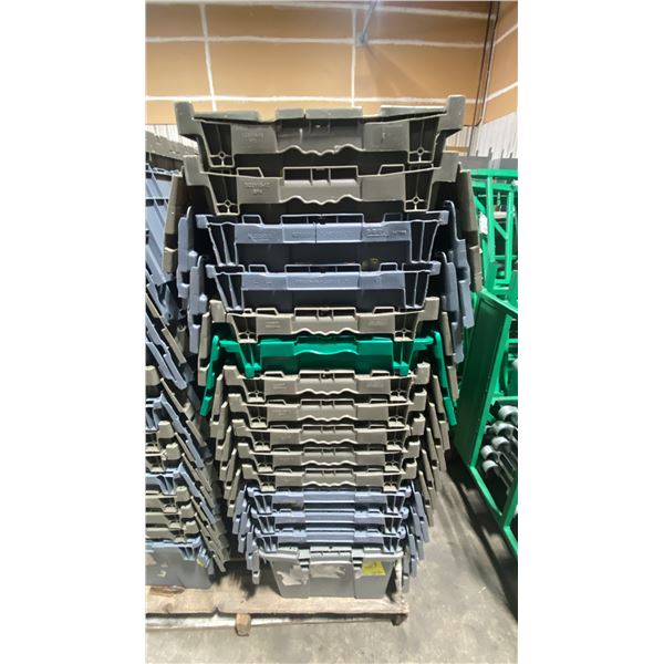 STACK OF 15 GREY PLASTIC COMMERCIAL FOLD TOP STACKING STORAGE BINS