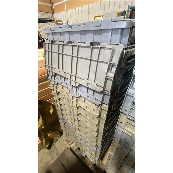 STACK OF 15 GREY PLASTIC COMMERCIAL FOLD TOP STACKING STORAGE BINS