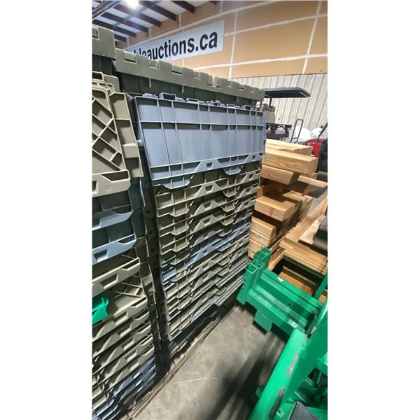 STACK OF 15 GREY PLASTIC COMMERCIAL FOLD TOP STACKING STORAGE BINS