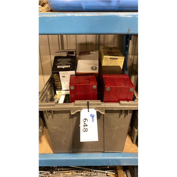 FOLD TOP BIN OF ASSORTED COFFEE PODS, WINE GIFT BOXES WITH TOOLS, BOOKS & DECOR ITEMS *BIN