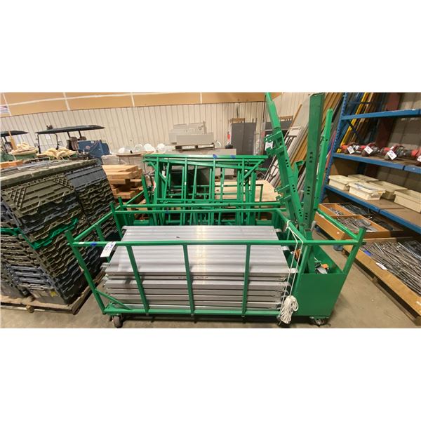 COMMERCIAL GREEN METAL ALUMINUM WALK PLANK ADJUSTABLE SCAFFOLDING SECTIONS ON 2 HEAVY DUTY MOBILE