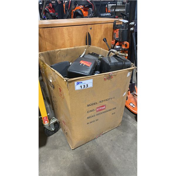LARGE BOX OF ASSORTED SMALL ENGINE STORAGE TANKS *MUST TAKE ALL*