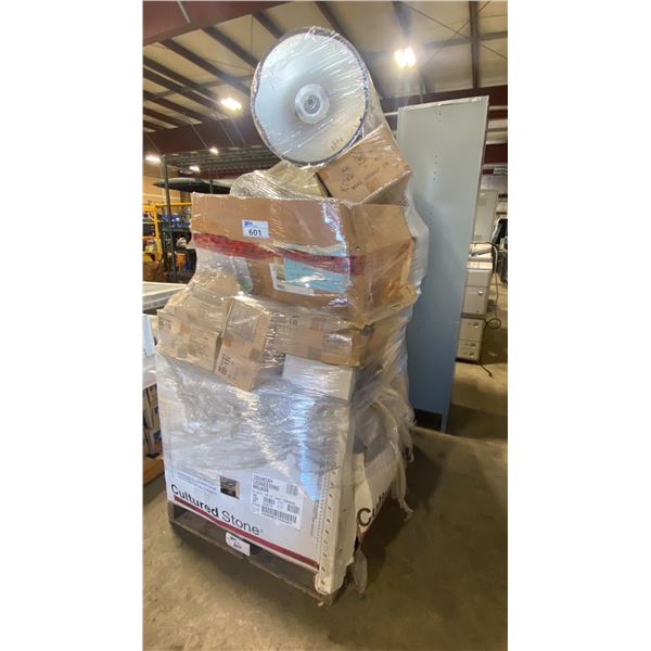 PALLET OF ASSORTED TILE, CULTURED STONE, STREAM BORDER, TILING MESH & GAS LIFT STOOL