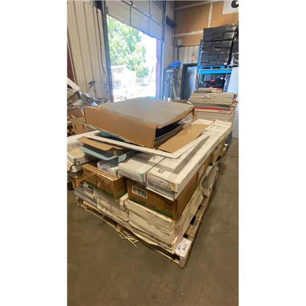 PALLET OF ASSORTED TILE, VINYL FLOORING, CARPET SQUARES, RUBBER BASEBOARD & MORE