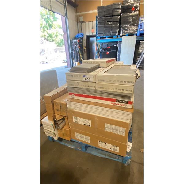 PALLET OF ASSORTED TILE, VINYL FLOORING, CEILING TILES & STEEL FITTINGS