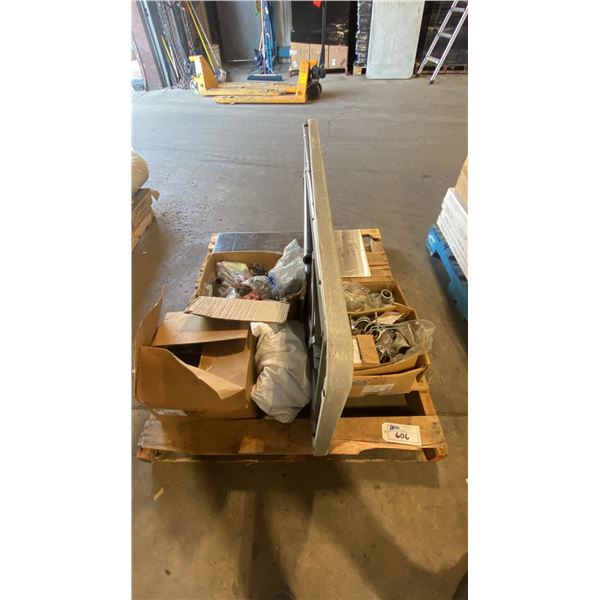 ASSORTED PLUMBING FITTINGS, PLASTIC FOLDING TABLE & METAL PANELS
