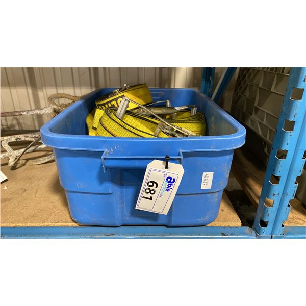 BLUE PLASTIC BIN OF ASSORTED ULINE INDUSTRIAL RATCHET TIE DOWN STRAPS